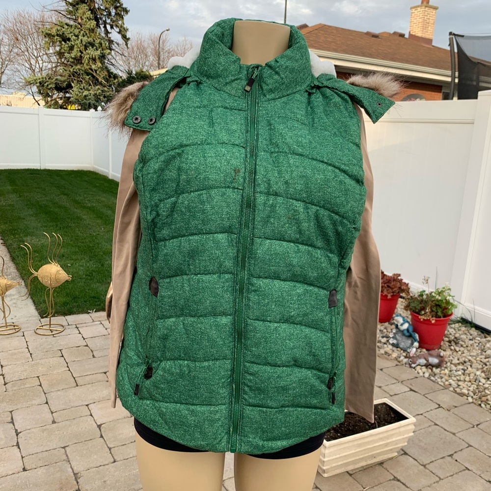 GreenTea Green and Tan Puffer Vest with Fur Trim